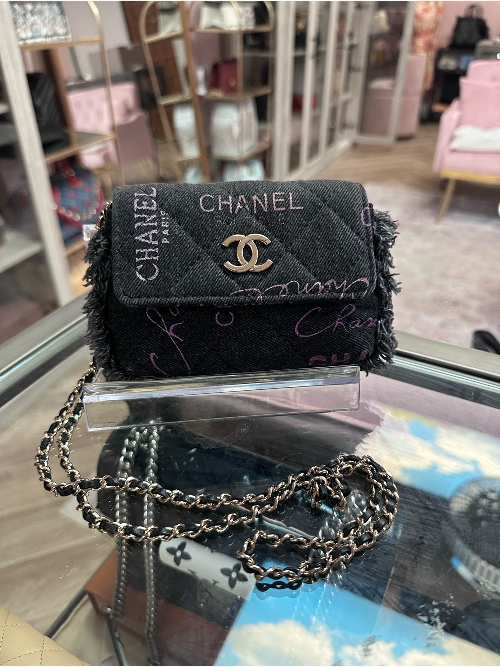 Auth CHANEL Mini Black Denim Fringe Printed Crossbody Bag Handbag a79 - Picture 11 of 16